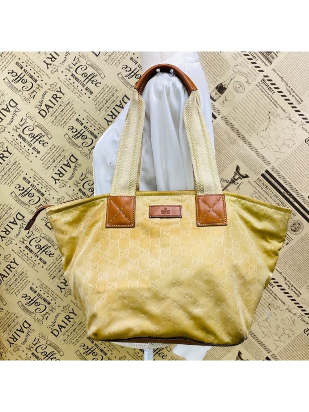 Gucci GG Canvas Tote Bag Webbing Line Nylon Beige GH 98